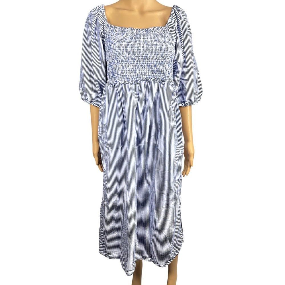Free Assembly Stripe Smocked Top Midi Dress L Puff Sleeves